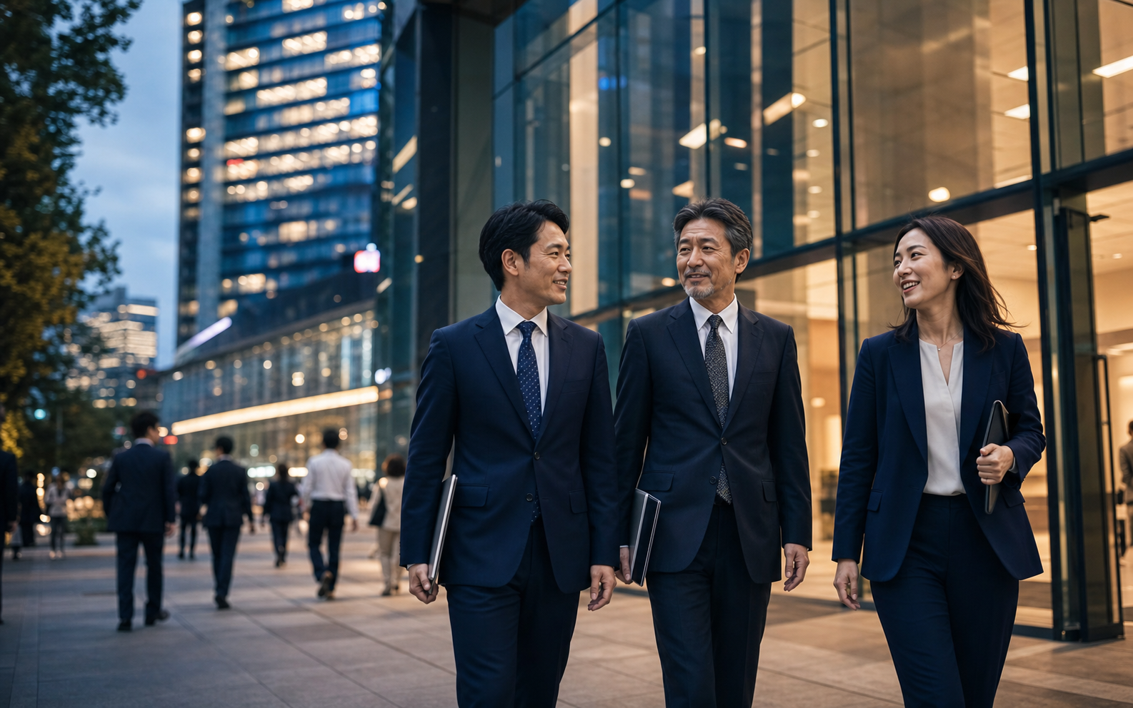六本木のオフィス街を歩く経営者とM&Aアドバイザー