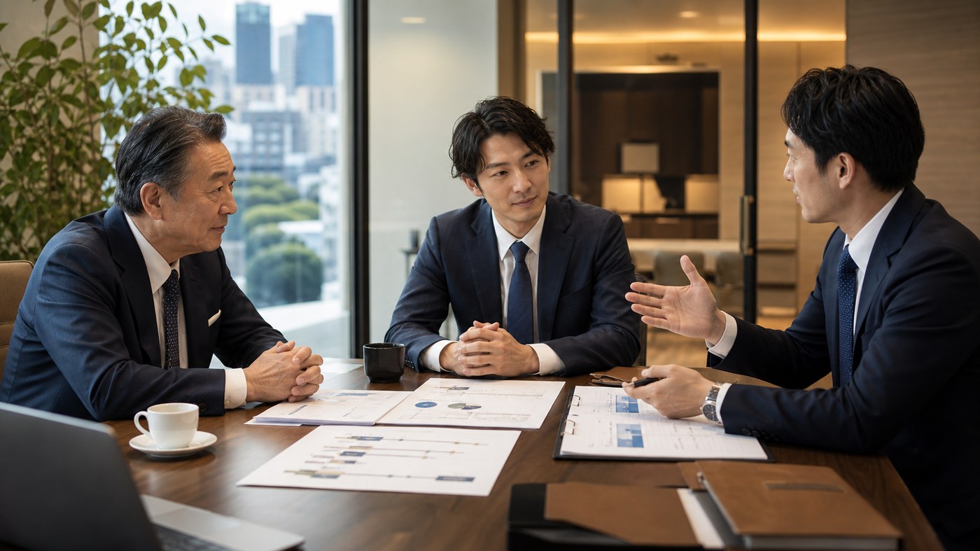 事業承継と引継ぎ条件を話し合う経営者とM&Aアドバイザー