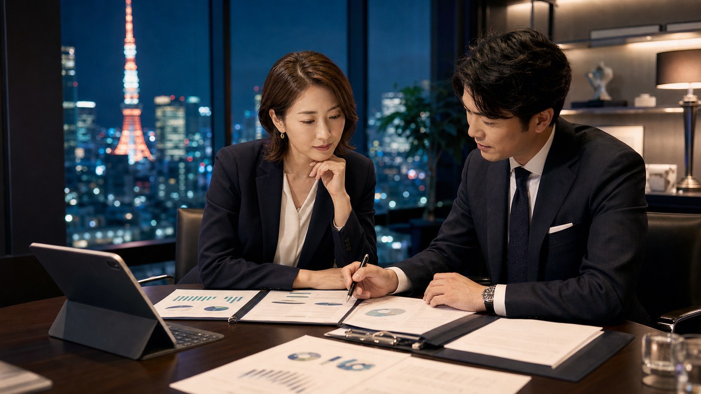 六本木のオフィスで財務資料を確認するM&A相談