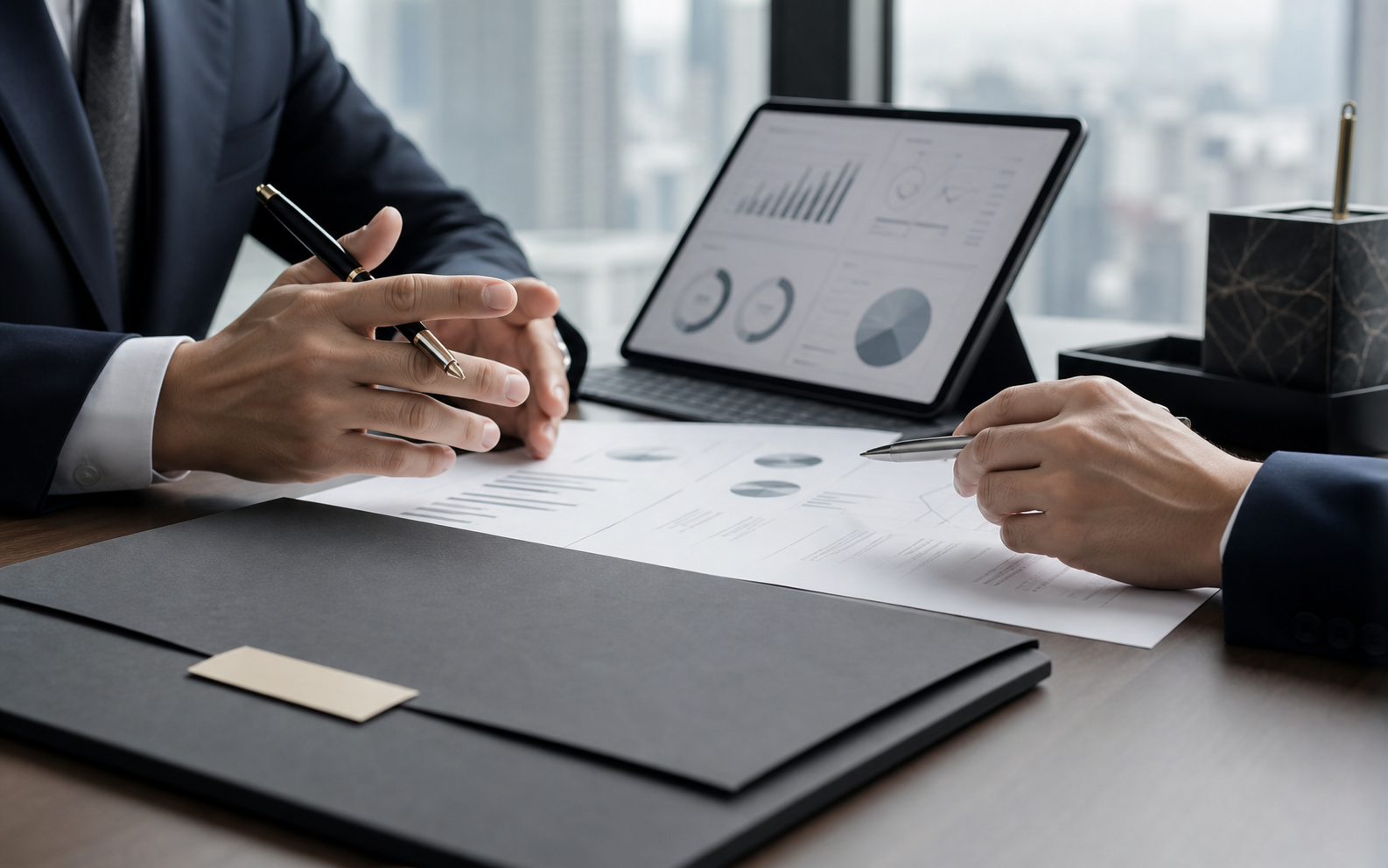 企業価値評価の資料と財務データを確認するM&A相談の手元